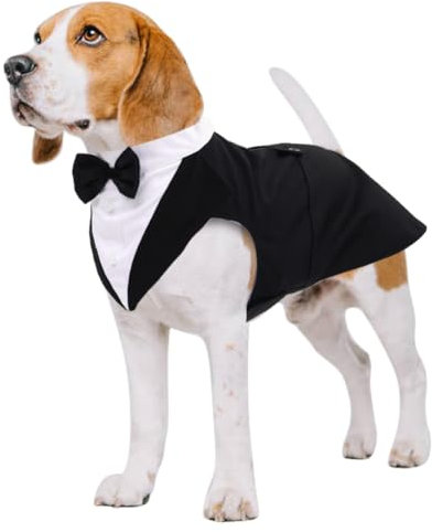 Kuoser Hund Smoking Anzug & Bandana Set, Haustier Fomal Kleidung Hunde Mantel mit Abnehmbarer Fliege, Hundeanzug Welpe Kostüm Shirt für Hochzeit Halloween Geburtstag Party, S-XXL