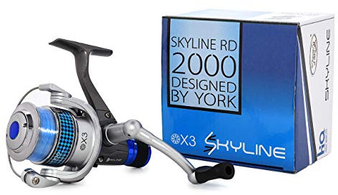 York Angelrolle Skyline RD 3000 Heckbremse mit Schnur bespult, Silber, Blau