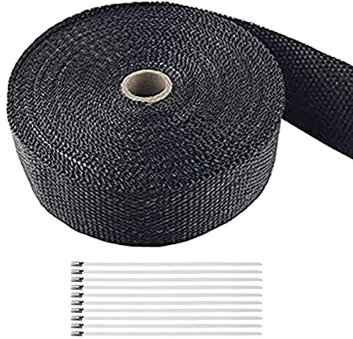 Car Exhaust Wrap, Foneso Exhaust Tape Bandage Titanium Black Fiberglass Heat Insulation Wrap Roll with 10 Pcs Stainless Steel Zip Ties, for Motorcycle Car Exhaust Pipes, Mainfold (Black, 1 Roll 5M)