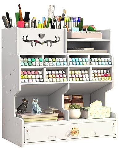 NUODWELL Organiseur de bureau avec tiroir, blanc, grande capacité, boîte porte-stylos à monter soi-même, rangement de bureau pour le bureau, l'école et la maison (Blanc D)