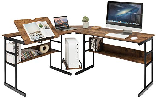 COSTWAY Scrivania Angolare 170 CM, Scrivania per Computer ad Angolo Moderna con Piano Inclinabile, Scaffale Inferiore e Supporto per CPU, Scrivania a Forma di L per Ufficio e Studio (Marrone)