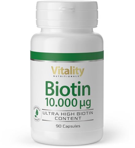 Biotin Hochdosiert 10 mg / 10000 mcg Kapseln, Vitamin B7 für Haare, Nägel und Haut, Vegan, 90 Stk, Nahrungsergänzung Vitality Nutritionals by VitaminExpress