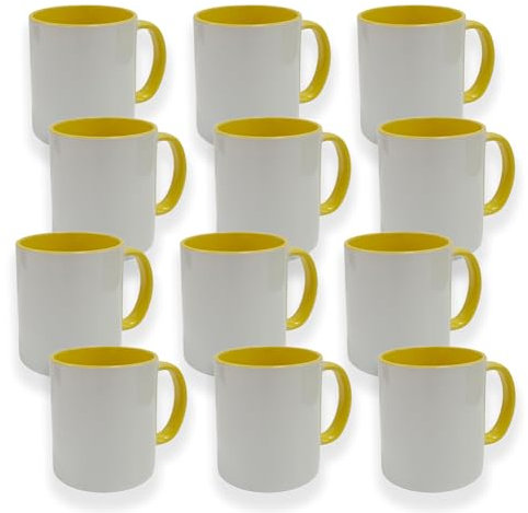 Set 12 unità - Tazza per Sublimazione con Interno Giallo, 300 ml, in Ceramica, Lavabile in Lavastoviglie e Microonde, Confezione Resistente agli Urti