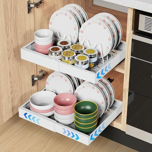 iHomara 2 Pack erweiterbarer ausziehbarer Schrankorganisator mit Klebefläche, 53 cm tiefe Schubladen für Küchenunterschränke, 8 Geschirrhalter, verstellbare Breite 32 cm-53 cm