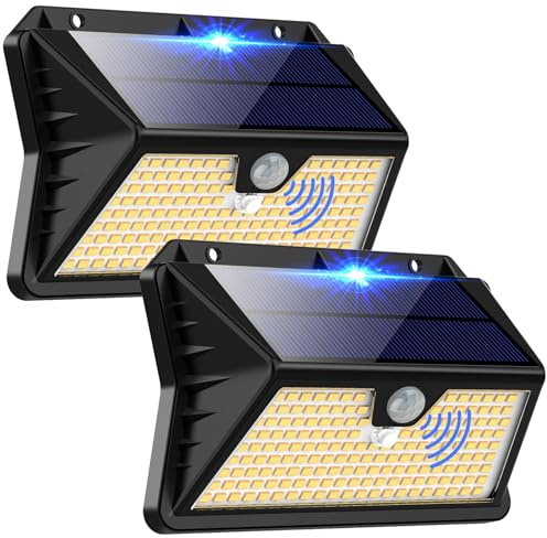 Luce Solare LED Esterno, Faretto LED da Esterno con Sensore di Movimento 185 LED 3 Modos Lampada Solare da Esterno, IP65 Impermeabile LED Lampione per Giardino (Bianco caldo) (2 Pezzi Bianco Caldo)