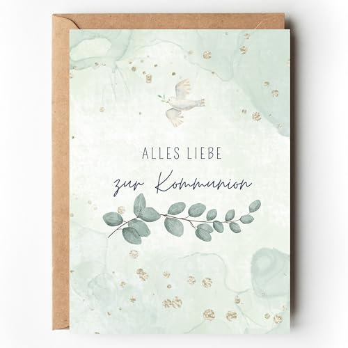 Glückwunschkarte zur Kommunion Eukalyptus, Kommunionskarte für Jungen und Mädchen Friedenstaube Aquarell, A6 Karte mit Umschlag für Geld Geschenk Erstkommunion (1 Karte mit Umschlag)