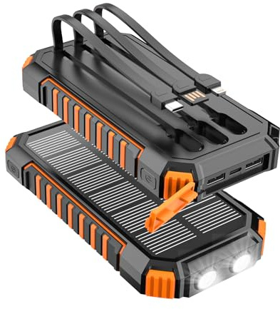Batteria Esterna Solare 20000mAh – Caricabatterie Carga Rapido 15W portatile, 3 cavi integrati con torce LED – 5 uscite, caricabatterie solare per telefoni 17/16/15/14/13 e Android