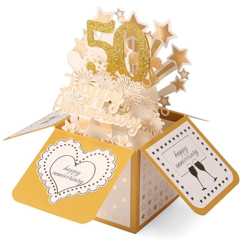 Sinbana 50 Aniversario Tarjeta Emergente, Diseño Estrellas y Fuegos Fuegos Artificiales Jubileo Oro Tarjeta de Aniversario de Boda con Sobre y Tarjetas Pequeña para Parejas Padres