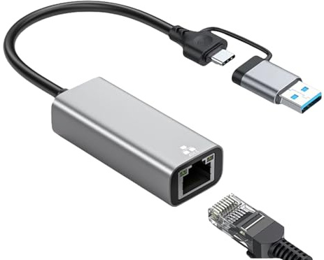 Oxxggkao Convertidores Ethernet RJ45 USB C/A de dos puertos de 1/2.5 Gbps, construcción de aleación de aluminio, enchufes y reproducción para múltiples dispositivos, enchufes y adaptador Ethernet de
