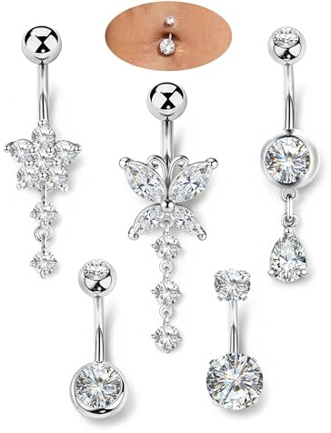 ORAZIO 5 Pezzi Piercing Ombelico Oro Argento Donna Acciaio Chirurgico Pendente Piercing Ombelico Anello 10MM Ipoallergenici Farfalla Zircone Navel Piercing Donna