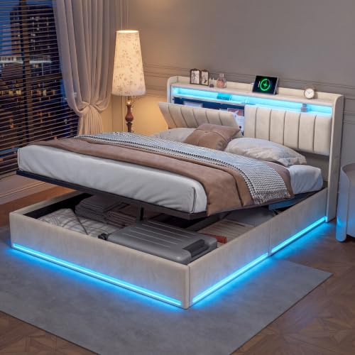 BPKADHY Sängklädsel, 140 x 190 med lagringsutrymme – dubbelsäng med LED och USB-C, hydraulisk förvaringssäng med sänglåda, inkl. ribbotten och sänggavel, sängram för vuxna, sammet, beige, utan madrass