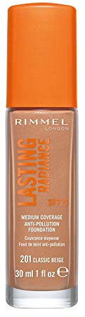 Rimmel Lasting Radiance Medium Coverage Anti Pollution Foundation, SPF 25, 201 Classic Beige (Rimmel Wake Me Up Foundation Upgrade)