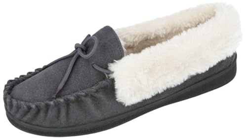 Cushion Walk Ladies Real Suede Leather Faux Sheepskin Fur Lined Moccasin Slippers Size 4-8 (Grey, 7)