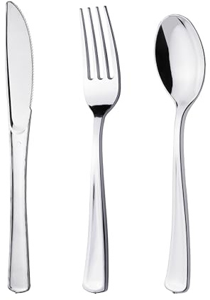 Party Essentials Disposable Plastic Cutlery/Heavy-Duty Flatware/Silverware for All Events, 150-Count Forks/Knives/Spoons, Shiny Silver