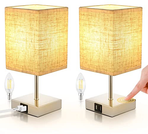 ShuBel Lámpara de escritorio de 2 Piezas, Lámpara de Noche LED Táctil Regulable, 3 niveles de brillo, con 2 puertos de carga USB & 2 bombillas E14 regulable, Perfecta para Oficina, Dormitorio, Beige