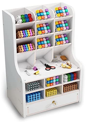 Mnkyer Organizzatore da Scrivania in Legno Scatola di Penne da Scrivania Multifunzione per Desktop in Casa Forniture per Ufficio Scolastico con Cassetto (Bianco-b16)