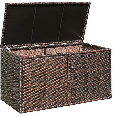 COSTWAY Baule Contenitore da 335L, con Coperchio e 2 Ripiani, Contenitore da Giardino con Telaio in Acciaio, Box per Conservazione di Attrezzi Giocattoli Accessori (Marrone)