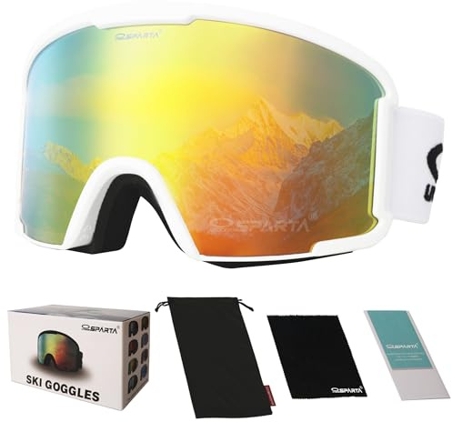 OUTDOORSPARTA Gafas de esquí para adultos - Gafas de esquí compatibles con casco para hombres y mujeres con protección UV del 100% (4. Borde blanco, espejo de lente completa dorado)