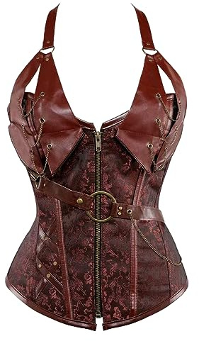 KUOSE, corsetto da donna in finta pelle, stile gotico steampunk, bustino basco, con spirali in acciaio e stecche, modellante, Marrone 1, 6-8