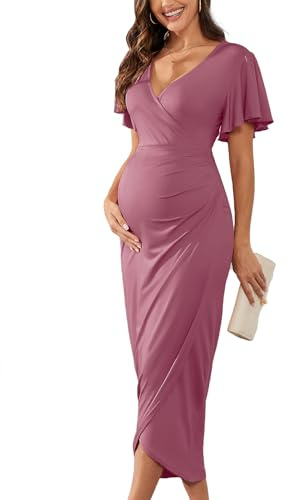 AISWI 2025 Women's Maternity Wrap Dress V Neck Ruffle Sleeves Semi Formal Baby Shower Photoshoot Party Cocktail Pregnancy Dresses, Light Plum, Large