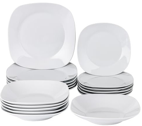 Baroni Home Vajilla de Porcelana y Gres de 18 Piezas Cuadradas, Vajilla de Color para 6 Personas, Plato Hondo, Plato Llano, Fruta o Postre, Blanco Cuadrado