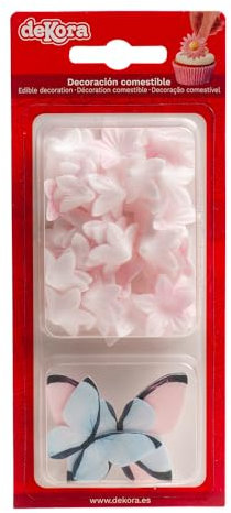 dekora - Blister di Decorazioni in Cialda Commestibile con, Mini Fiori Rosa e Farfalle Rosa e Blu - 39 Pezzi per Decorare Cupcake e Torte