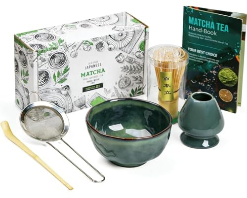 Set da tè giapponese Matcha da 5, set con frusta a 100 denti, supporto per frusta, paletta tradizionale, setaccio da tè e ciotola in ceramica per Matcha (ciotola irregolare
