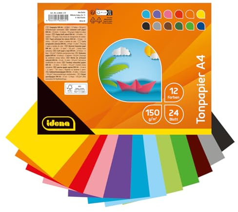 Idena 60060 - Tonpapier DIN A4, 24 Blatt Bastelpapier in 12 strahlend schönen Farben, 150 g/m², FSC-Mix