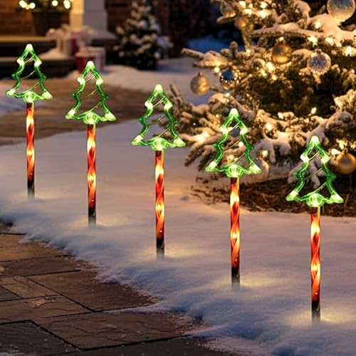 ADEPTNA Christmas Candy Cane LED Lights with Timer - Battery Powered Xmas Pathway & Driveway Decorations, Outdoor Holiday Garden & Patio Lights for Festive Decor (5 PK Xmas Tree)