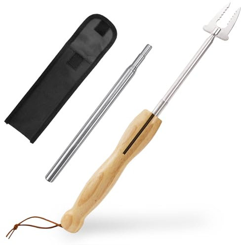 FAELNK Grillspieße Edelstahl Ausziehbar Holzgriff mit Teleskop Blasrohr Grillgabel Ausziehbar 81cm für BBQ Hotdog Teleskop Camping Lagerfeuer Zubehör Ausziehbar Grillgabel