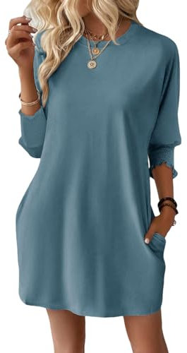 Dokotoo Womens Dresses Summer 2025 Fashion 3/4 Sleeve Elastic Smocked Crewneck with Pockets Solid Color Spring Casual Women's Mini Dress Stone Blue M