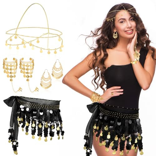 Beipegin 6 Pieces Belly Dancer Costume Women Belly Dance Hip Scarf Black Sequin Skirt Gypsy Headpiece Gold Coin Earrings Bracelet Dance Skirt for Performance Costume Dance Game Wedding Party