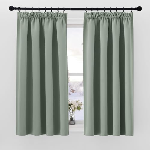 PONY DANCE Blackout Pencil Pleat Curtains, Sage Green, W52 x L63, 2 Panels | Thermal Insulated Curtains with Noise Reducing & Privacy, Luxury Soft Window Treatment for Bedroom & Living Room