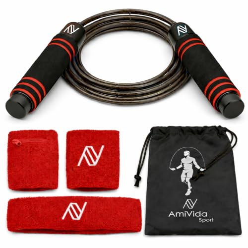 Comba Crossfit Ajustable AmiVida – Cuerda de Saltar de Acero para Fitness, Boxeo y HIIT – Kit con Muñequeras con Bolsillo, Cinta Deportiva y Bolsa de Transporte