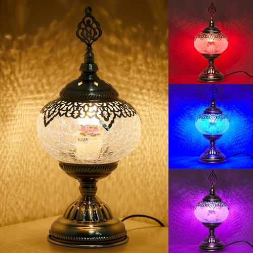 Baquler Large Globe Turkish Moroccan Table Lamp Handmade Vintage Moroccan Glass Lampshade Turkish Desk Lamp Bohemian Decorative Night Light for Bedroom, Living Room, LED Bulb Included (Bright)