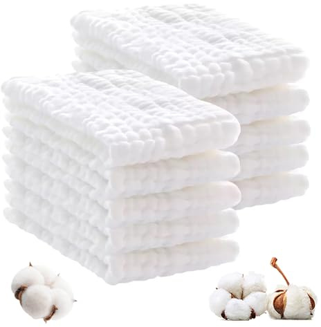 JETOP 10 Pack 10x10 Inch Muslin Cloths for Baby, Soft Muslin Squares, 6 Layer 100% Cotton Burp Cloths Muslim Cloths Baby Reusable Baby Towels for Newborns Boys Girls Bibs Nursing Wipes Shower White