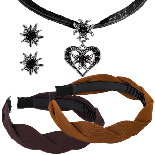 SummitEdge 5 Stück Trachten Haarreif Dirndl Trachtenschmuck Damen Set, Oktoberfest Haarreifen Damen Geflochten Breit Haarband Bayerisch Dirndl Schmuck Trachtenkette