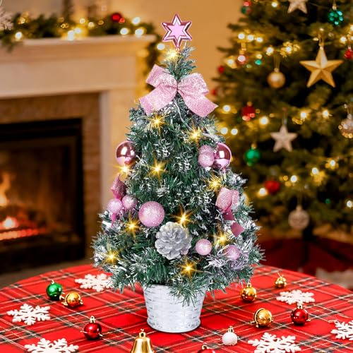 Greyghost Small Christmas Tree with Lights, 45CM Pre-Lit & Pre-decorated Desk Tree with Star Topper, Pink Artificial Mini Christmas Tree for Home Office Tabletop Decor, Indoor Christmas Trees Gift