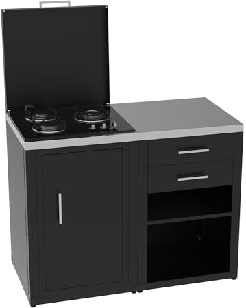SOLEILUX Set Cucina da Esterno a Gas 2 Elementi con 2 cassetti Estraibili - Struttura in Acciaio e Piano in Acciaio Inox - Nero