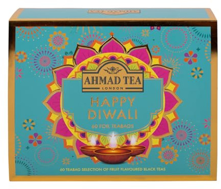 Ahmad Tea Gifts | Happy Diwali Selection Pack | 60 Teabag Sachets | 6 Premium Tea Flavours – Black, Green & Fruit Teas | Perfect Diwali Gift for Family & Friends | Luxury Tea Gift Box