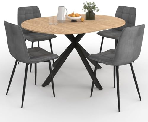 IDMarket - Set runder ausziehbarer Esstisch ALIX 110-150 cm und 4 Stühle Mila in dunkelgrauem Samt