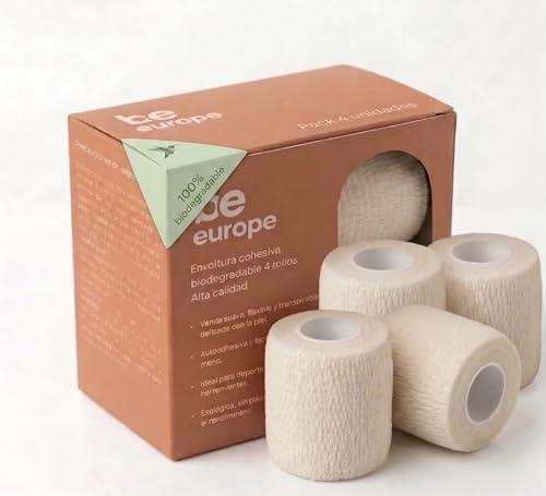 Pack 4 Bende Coesive Autoadesive 5cm x 5m | 100% Biodegradabile & Ecologico | Benda Elastica per Sport, Crossfit, Fisioterapia e Bendaggi Medici | ECOGRIP Pro