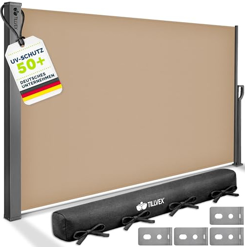 tillvex® Toldo Lateral 200 x 400 cm Extensible y Opaco con Cubierta | Protección Visual para balcón, jardín y terraza | Estor Lateral con Soporte de Pared | Protección Solar de Acero Inoxidable