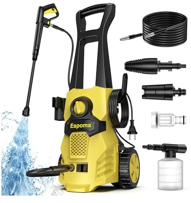 Espoma Hidrolimpiadora de Alta Presión, 120 Bar, Caudal de 380 l/h, área de Trabajo 30 m²/h, Ideal para Hogar, Jardín y Coche –Incluye Manguera de 7m, Bomba de Aluminio, Radio de Acción 12m