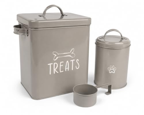 Navoys 3pc Pet Food Storage Bin with Lids and Scoop | Grey Tin | for Dry Food or Toys | Treats and Kibble