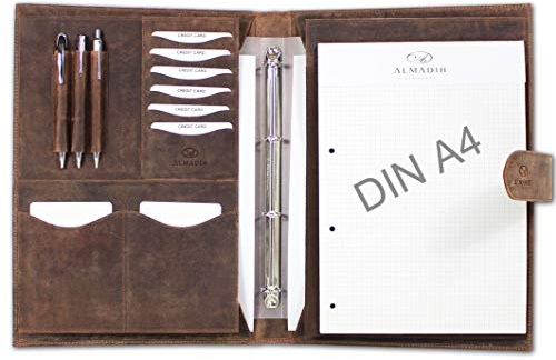 ALMADIH Leder A4 Konferenzmappe mit herausnehmbarem Ringbuch Schreibblock Premium Rindsleder Braun Vintage Ledermappe Mappe Aktenmappe Dokumentenmappe Schreibmappe Terminplaner Ringbuchmappe (A4-K-BV)