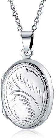 Bling smycken personlig gravyr vintage stil snidad blommigt blad foto oval form medaljong för kvinnor som håller bilder .925 silver medaljong halsband hänge Sm Med LG, En storlek, Sterlingsilver,