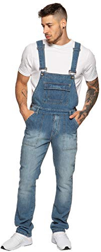 Enzo Jeans herr, blå denim, hängselbyxor, stentvättade hängselbyxor, overaller, midja 76 cm - 127 cm