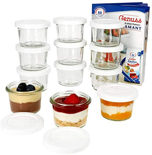 MamboCat 12er Set Weckgläser mit Frischhaltedeckel 80 ml I Original Weck Sturzglas Dessertglas I Einweckgläser mit Deckel für Kuchen Gelees UVM I inkl. Diamant-Zucker Gelierzauber Rezeptheft