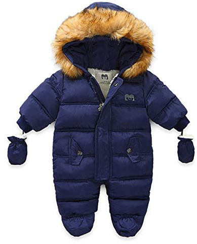 Verve Jelly Infant Baby Girls Goys Winter Snowsuit Zipper Down Hoodied Romper Footie Jumpsuit Coat + Gloves Navy Blue 66 3-9 Months